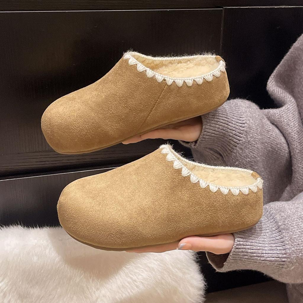 Inner Heightening Bag Head Woven Half Slippers Women 2025 Autumn and Winter Piled Thickened Warm One Pedal Birken Lazy Shoes Women