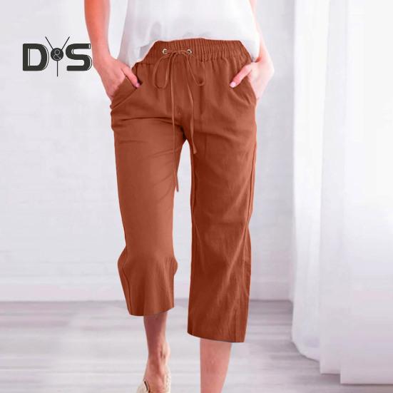 Women Cropped Pants Mid-rise Elastic Waist Adjustable Drawstring Casual Pants with Pockets Loose Fit Summer Pants