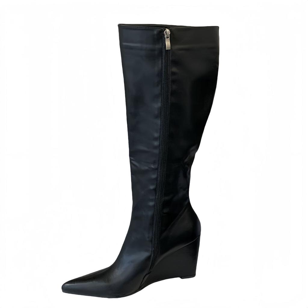 European and American Pointed Boots Women's 2025 Autumn New Big Tube Circumference Thin Straight Pants Tube Boots Wedge Heel Knight Boots
