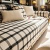 Checkered Sofa Cushion Four Seasons Cotton Linen Solid Wood Sofa Cover Non-slip Universal Sofa Cover Thicken Tassels Couch Mat