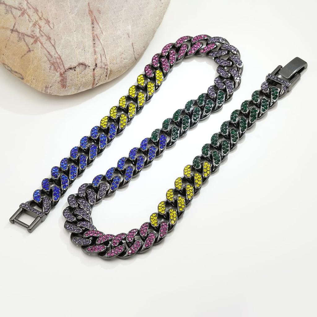 JEWELRY TAKEDA Iced Out Rainbow Cuban Chain Necklace with Black Wide Streetwear 14mm Length Rhinestones, Plated, Chain, Men's Accessory, Width,