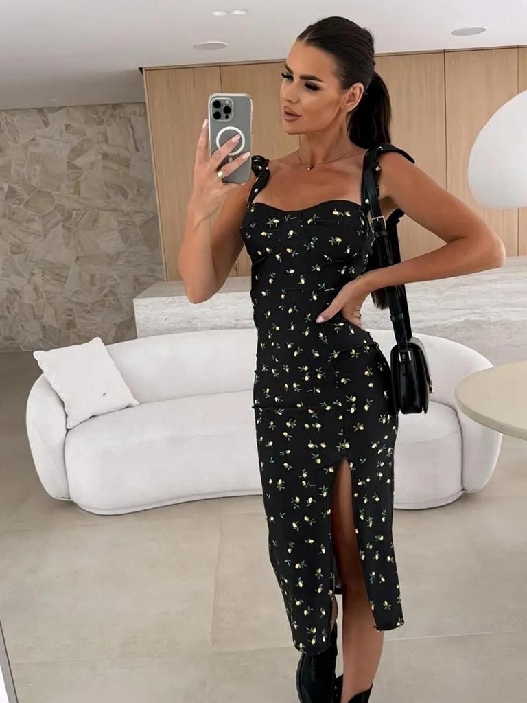 2025 Summer Elegant French Floral Slit Midi Dress