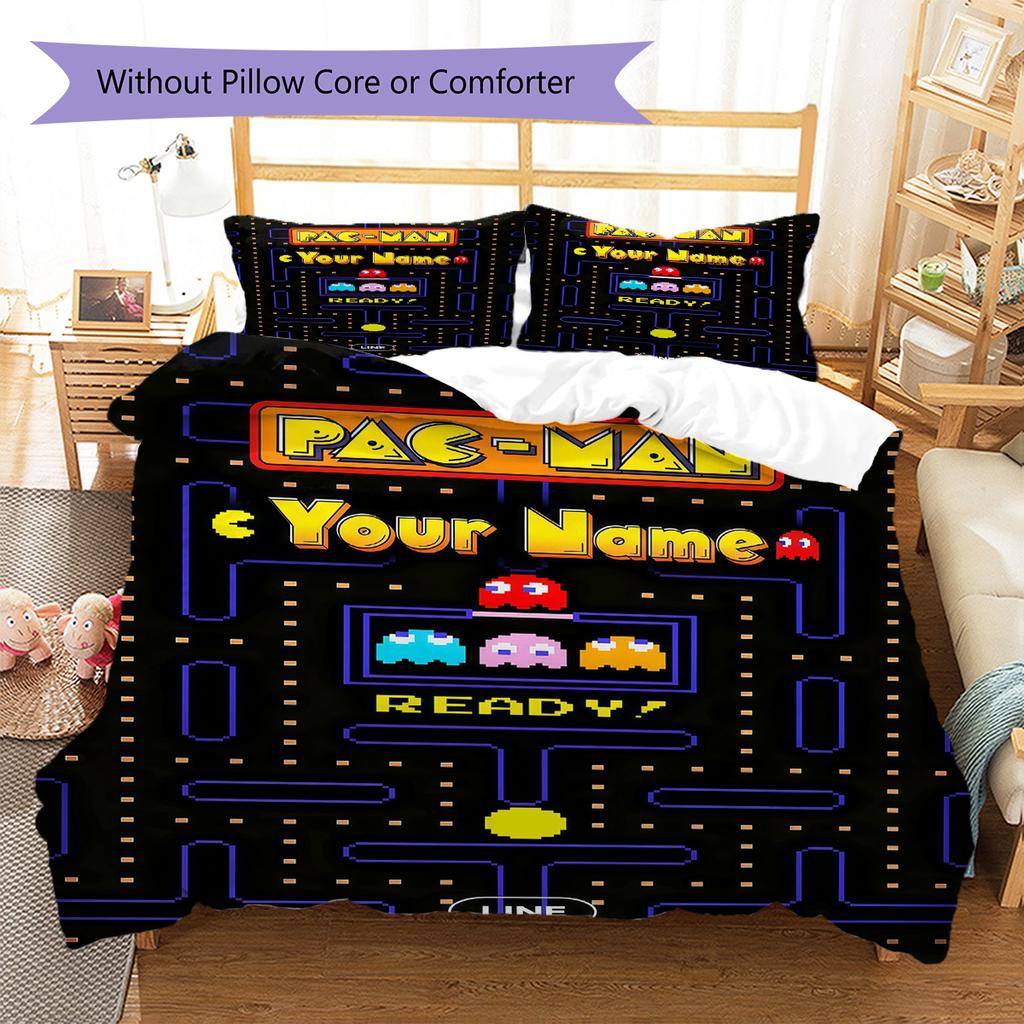 Custom Name Pac-Man Classic Game Bedding,Quilt Set Quilt Cover Pillowcase Home Birthday Gift (1 * Duvet Cover + 2 * Pillowcase, Without Core)