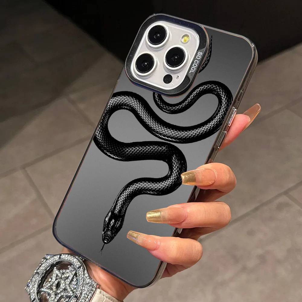 Stylish Black S-Snake Print Phone Case For iPhone 17,16,15,14,13,12,11 Plus,Pro Max,XS,Colored Silver Plated Inside Cover