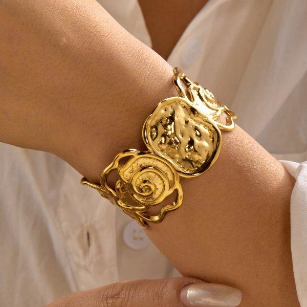 Stainless Steel Rose Flower Hollow Hammered Cuff Bangle Vintage Open Bracelet For Women Floral Metal Jewelry