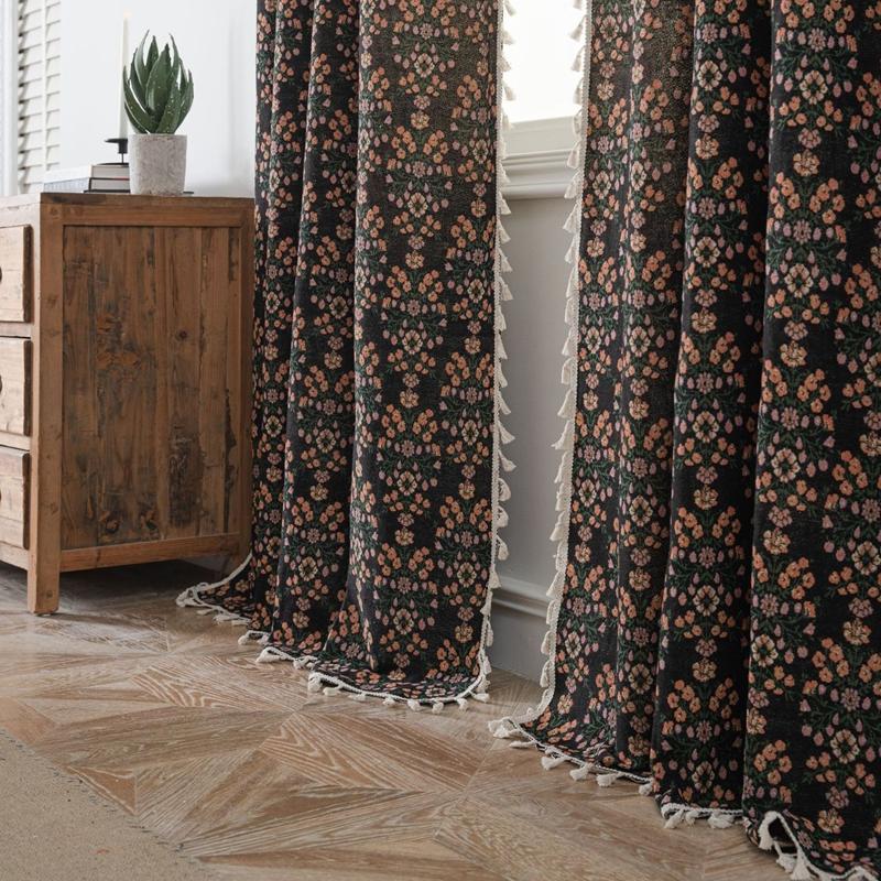 Living Room Bedroom Curtains Black Jacquard Flower Fringe Curtain Finished Kitchen Valance Bay Window Semi-shading Decoration