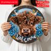 2D Flat, 1pc Round Aluminum Hanging Sign, Charming Highland Cow with Blue Wildflowers Pattern - Durable Outdoor/Indoor Welcome Decor for Front Door