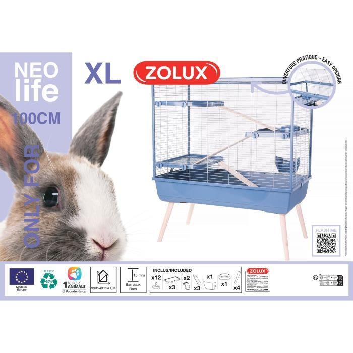 ZOLUX Cage rongeur surélevée Néolife - 3 étages pour lapin - 99 x 54 x 114 cm - Bleu