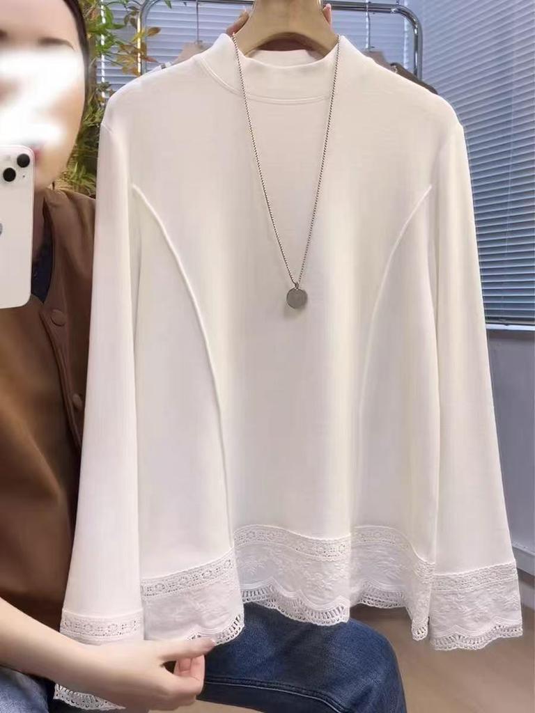Korean Lace Patchwork Long-Sleeve Women’s T-Shirt, Age-Defying Loose Base Layer, Fall/Winter 2025 Fashion Design