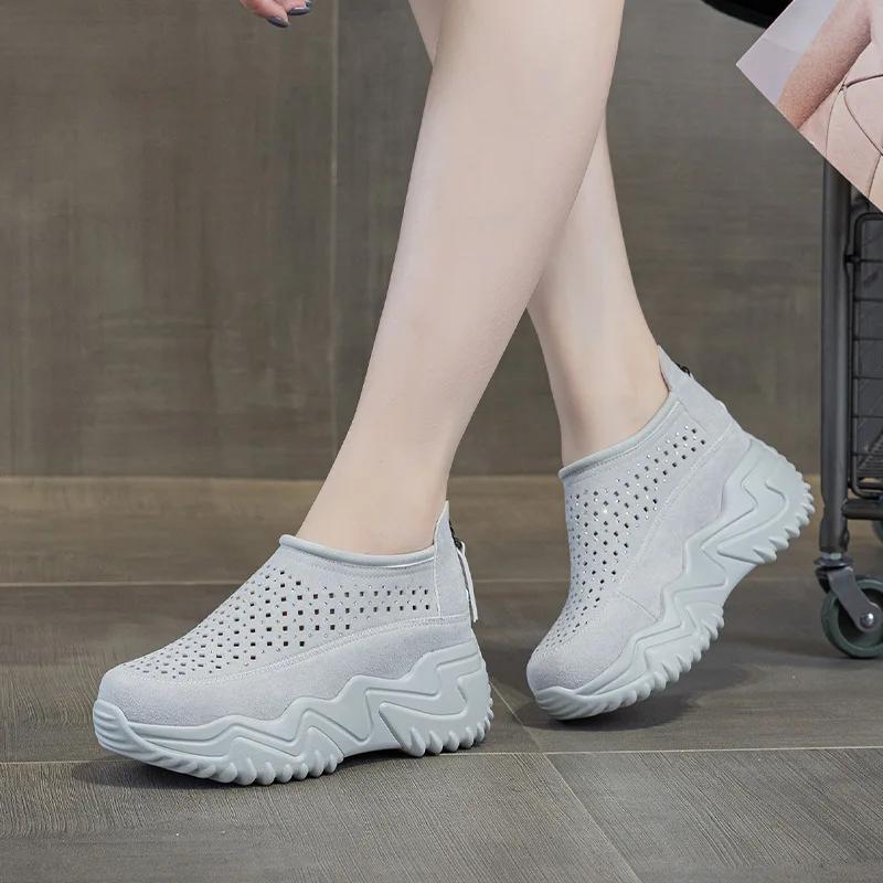 Fashion High quality 7CM Genuine Leather Shoes Sandals Platform Wedge Women Chunky Sneakers Ladies Casual Hollow Summer Vulcanized shoes