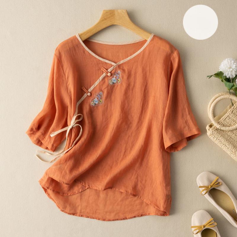 Ethnischer Stil Schräge Knopfleiste Bestickt Kurzärmeliges Baumwoll-Leinen-Top für Damen Im Sommer Neu Große Größe Lockeres Hemd für Damen