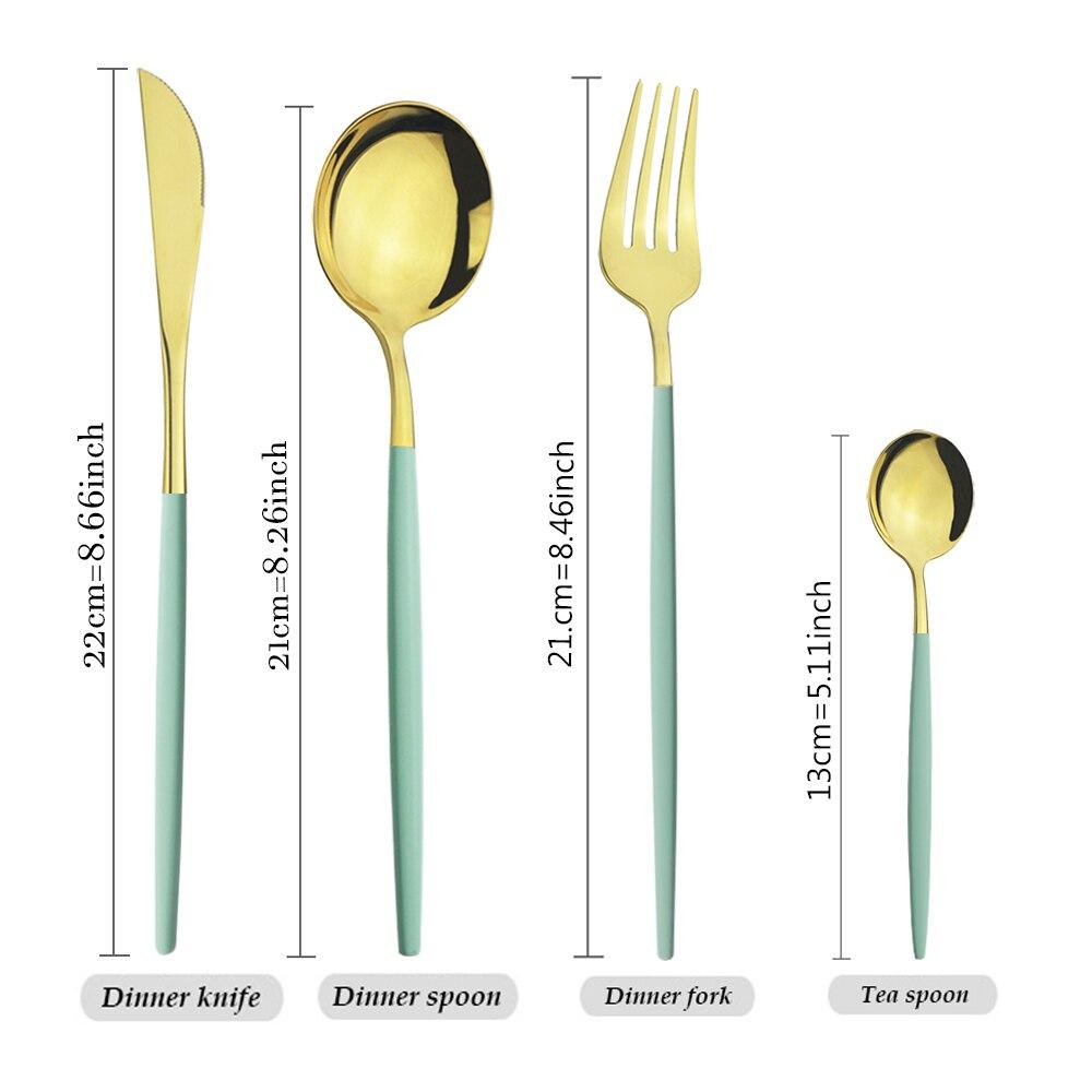 Mátově zelená zlatá sada nádobí Sada příborů na cesty, kemping, nůž, vidlička, lžíce, přenosná šedá taška, sada nádobí z nerezové oceli
