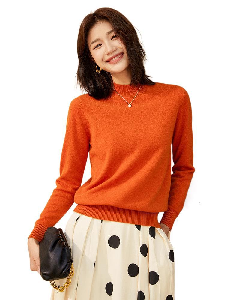 Women's Pure Wool Half-High Neck Knit Sweater - Solid Color, Warm Autumn/Winter Pullover