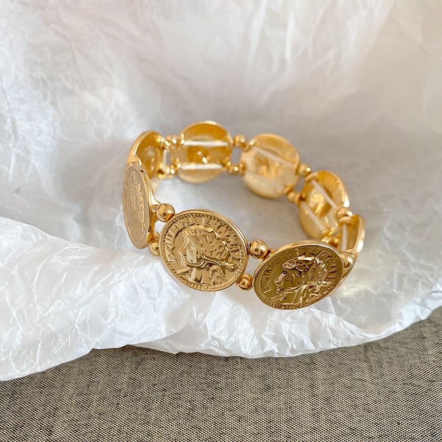 Vintage Court Style Coin Relief Portrait Beaded Bracelet Women Light Luxury Fashion Jewelry Gifts for Her золотой