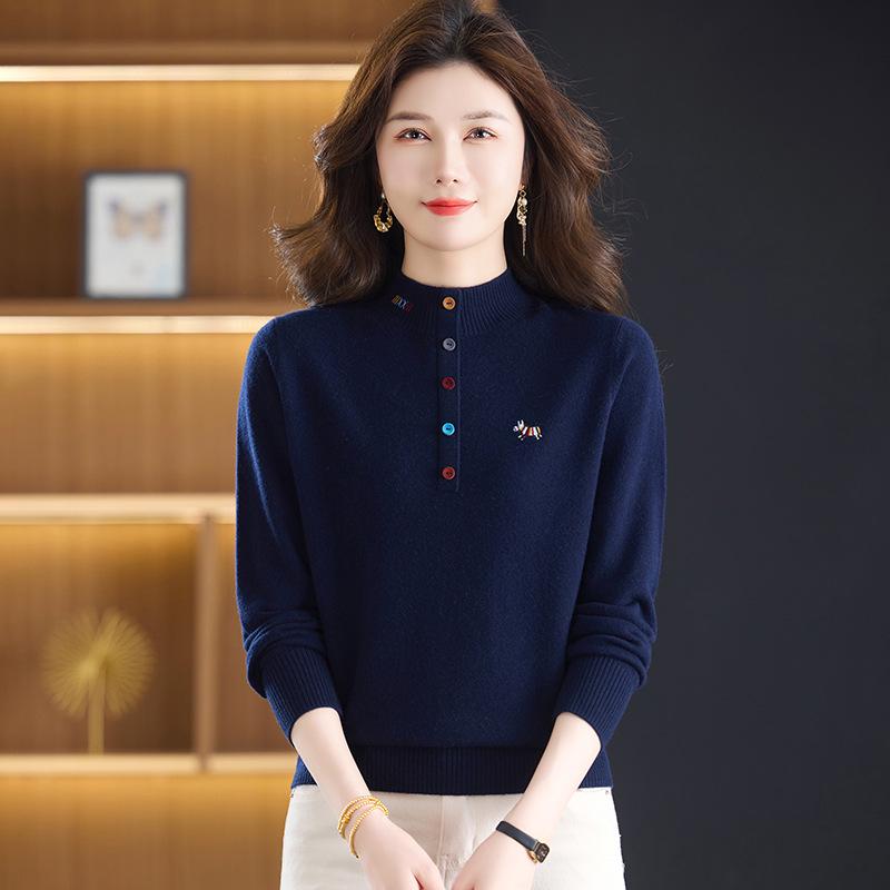 

Luxury Pure Wool Sweater for Middle-aged & Elderly Women - Half-high Collar Knitwear, Warm Autumn Winter Base Layer for Mom XL (115-125 Jin) темно-блакитний колір