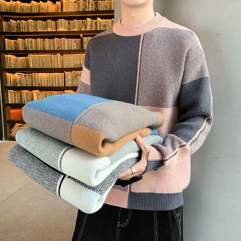 Autumn Winter New Fashion Temperament Patchwork Korean Sweaters Man Casual Loose Y2K Chic Male Tops Knitting Pullover Streetwear