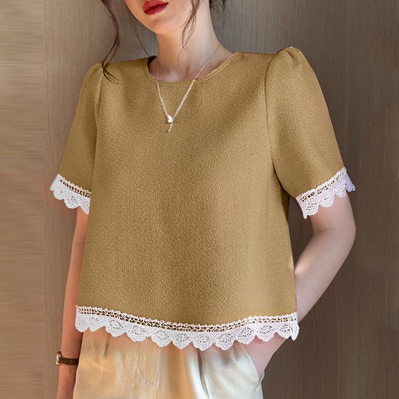 VONDA Summer Elegant Women Short Sleeve Lace Hem Texture Casual Short T-shirts