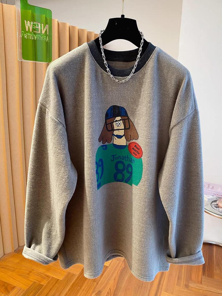 Women's 2025 Cartoon Print Woolen Long Sleeve T-shirt: Loose, Warm, Plus Velvet, Brushed Inner Layer