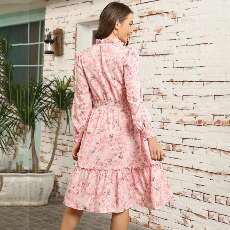 Autumn Winter Women Long Sleeve Print Elegant V-neck Casual A-Line Knee-Length High Waist Dress