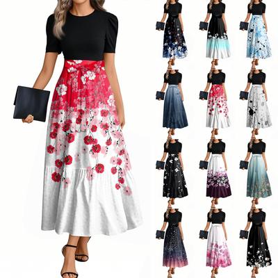 Women's Fashion Casual Belted Short Sleeve Round Neck Printed Elegant Temperament Dresses