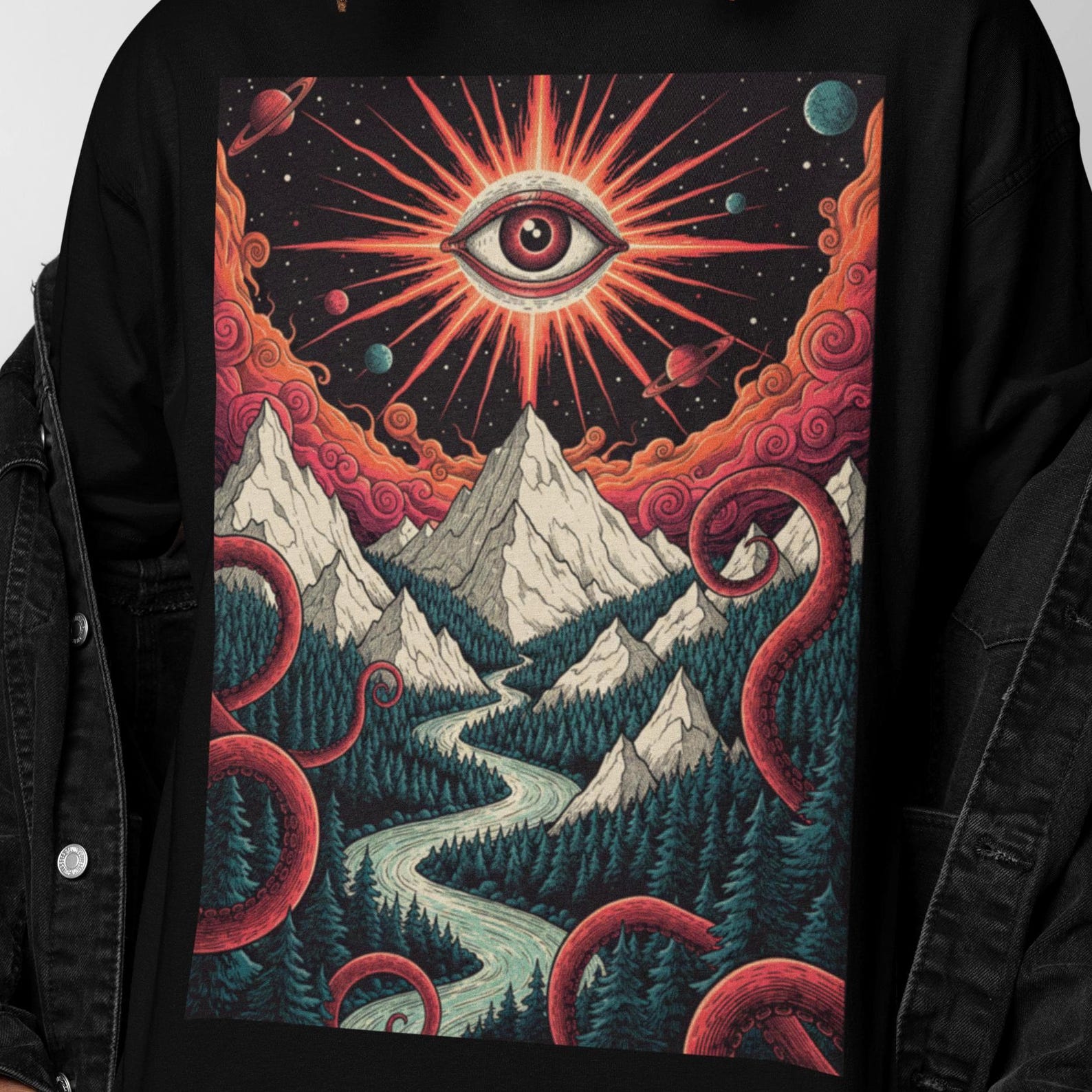 All Seeing Eye Landscape T-Shirt | Psychedelic Apparel | Surreal Cosmic Eye Mountains, Trippy Tentacle Forest Fantasy Graphic Tee 3XL