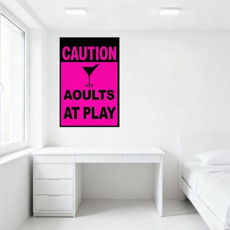 Caution Adults at Play Metal Tin Sign, Bold Pink Black Design Martini Glass Silhouette, Vintage Warning Plaque for Bar Club Home