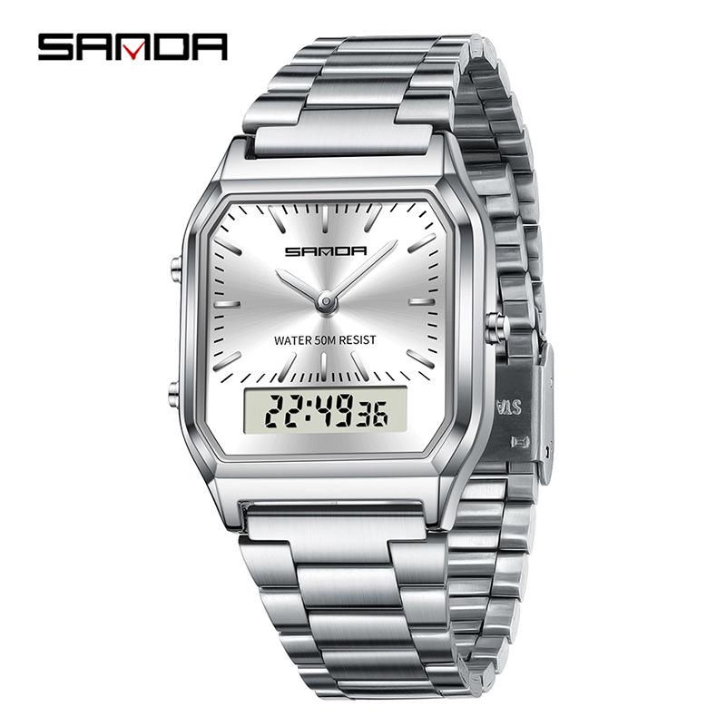Sanda Retro Business Men's Electronic Watch with Steel Band - Trendy, Thin, and Fashionable.