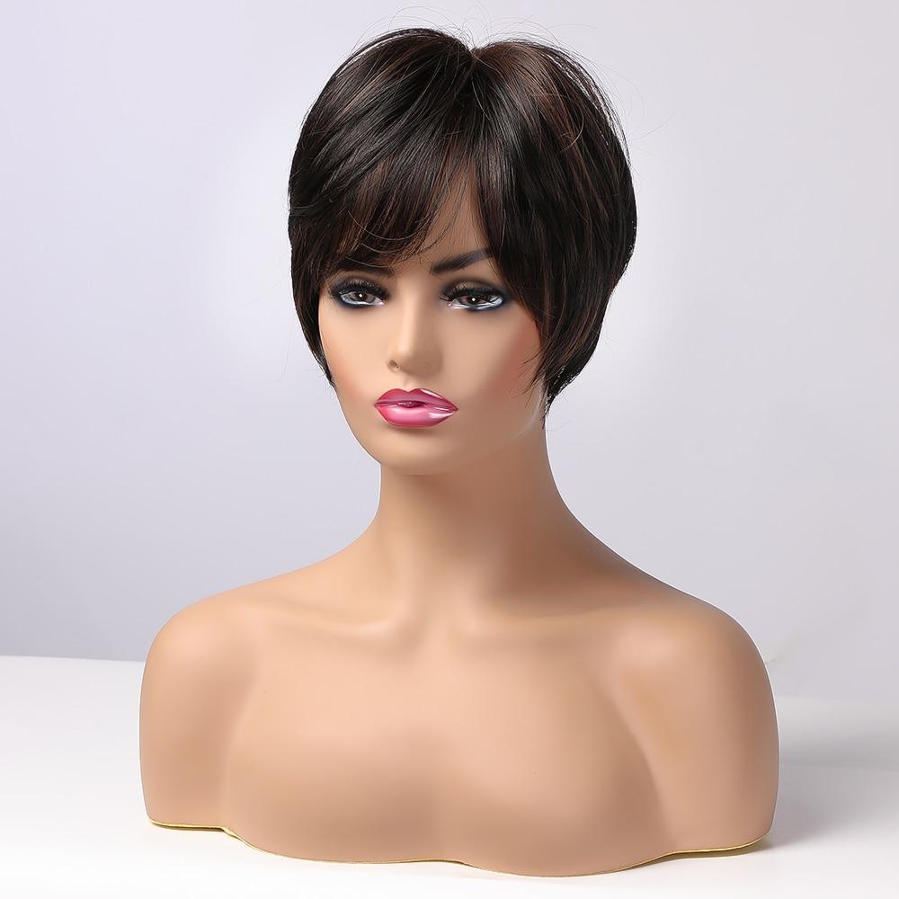 ALAN EATON Schwarzbraune synthetische Perücken mit Highlights, kurze gerade Perücken für Frauen, natürliches Haar, hitzebeständige Perücken mit Pony