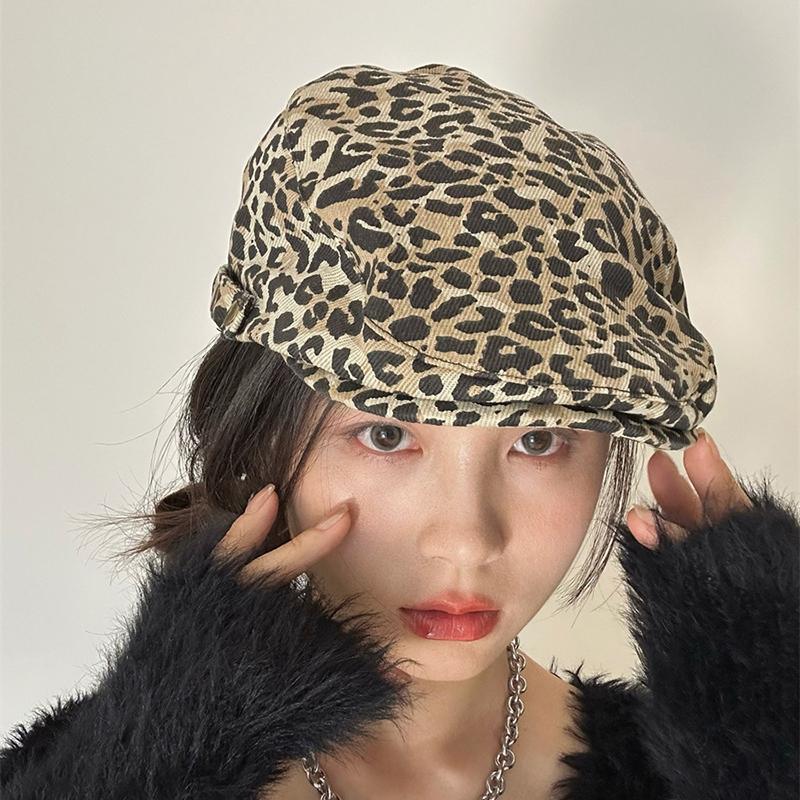 Retro Leopard Berets for Women Girl Korean Y2K Beret Cap Fashion Personality Vintage Painter Cap Casual Sunshade Forward Cap Vintage Painter Cap