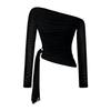 Spicy Girl Off-Shoulder Pleated Mesh Long-Sleeve Slim Fit Top for Women