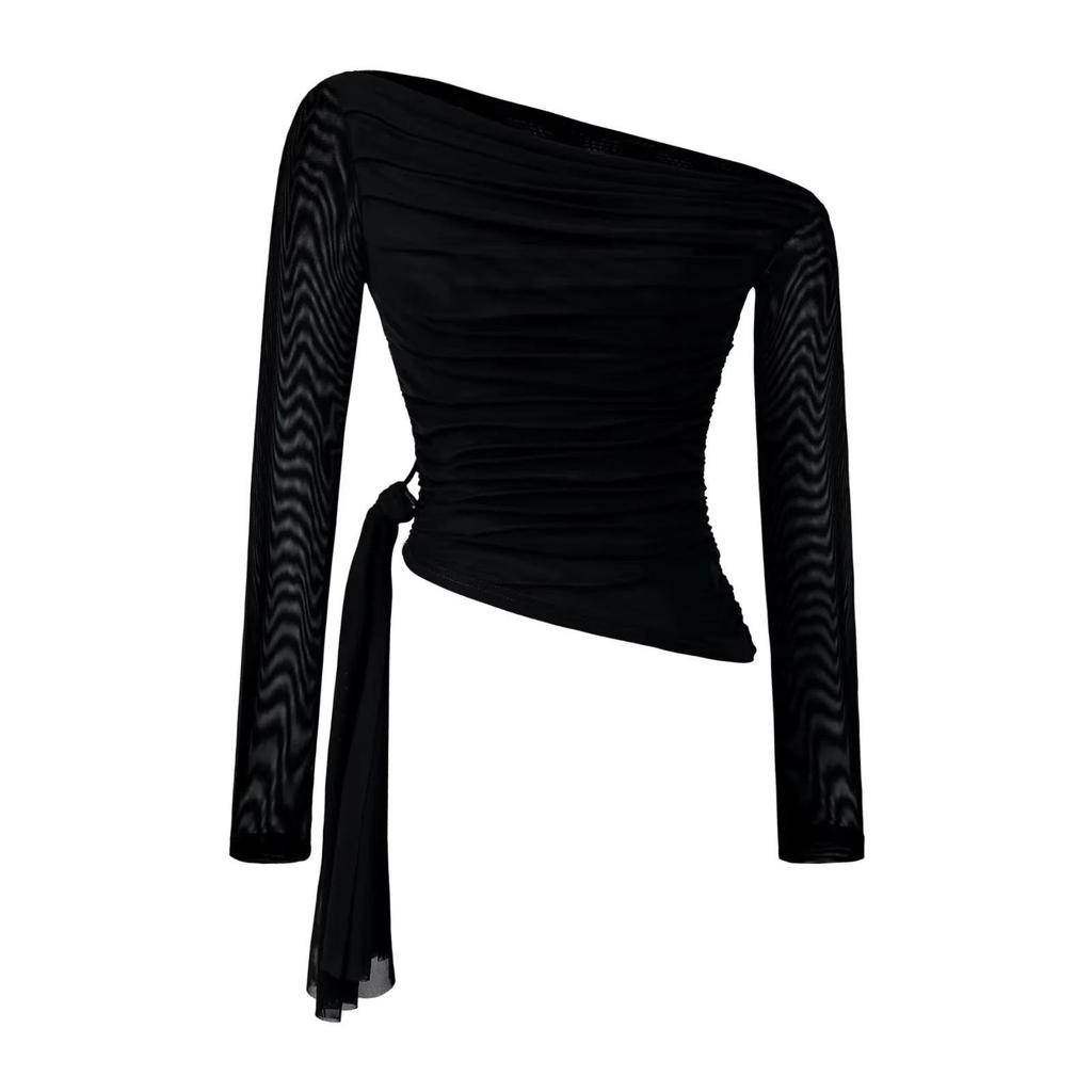 Spicy Girl Off-Shoulder Pleated Mesh Long-Sleeve Slim Fit Top for Women