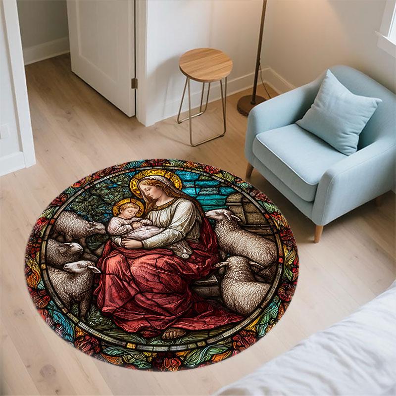 Virgin Mary & Jesus pattern round rug,Carpet Rug for Living Room Bedroom Playroom ,Non-slip Floor Mat,Holiday Gifts and Birthday Gifts.