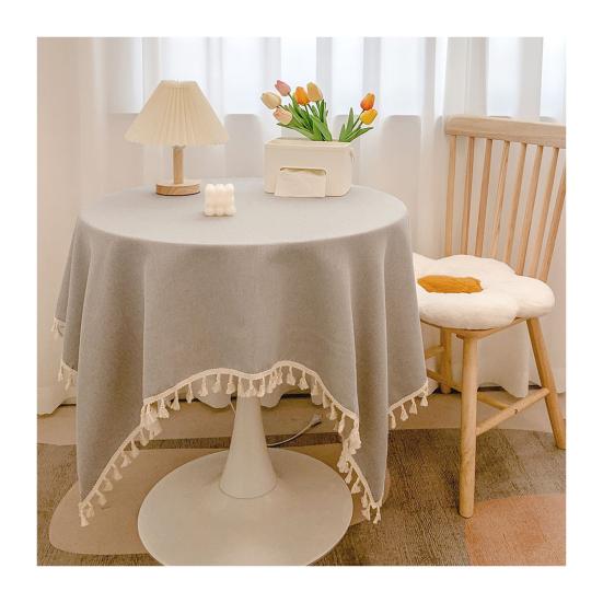 Tovaglia in Cotone e Lino con Bordi Frangiati, Tovaglia Monocolore Lavabile con Nappe, Copritavola Rotondo per Cucina Sala da Pranzo