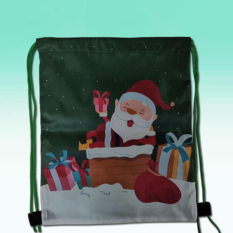 Custom Eco-Friendly Portable Christmas Cartoon Pattern Durable Lightweight Polyester Drawstring Backpack Pouch Bag m