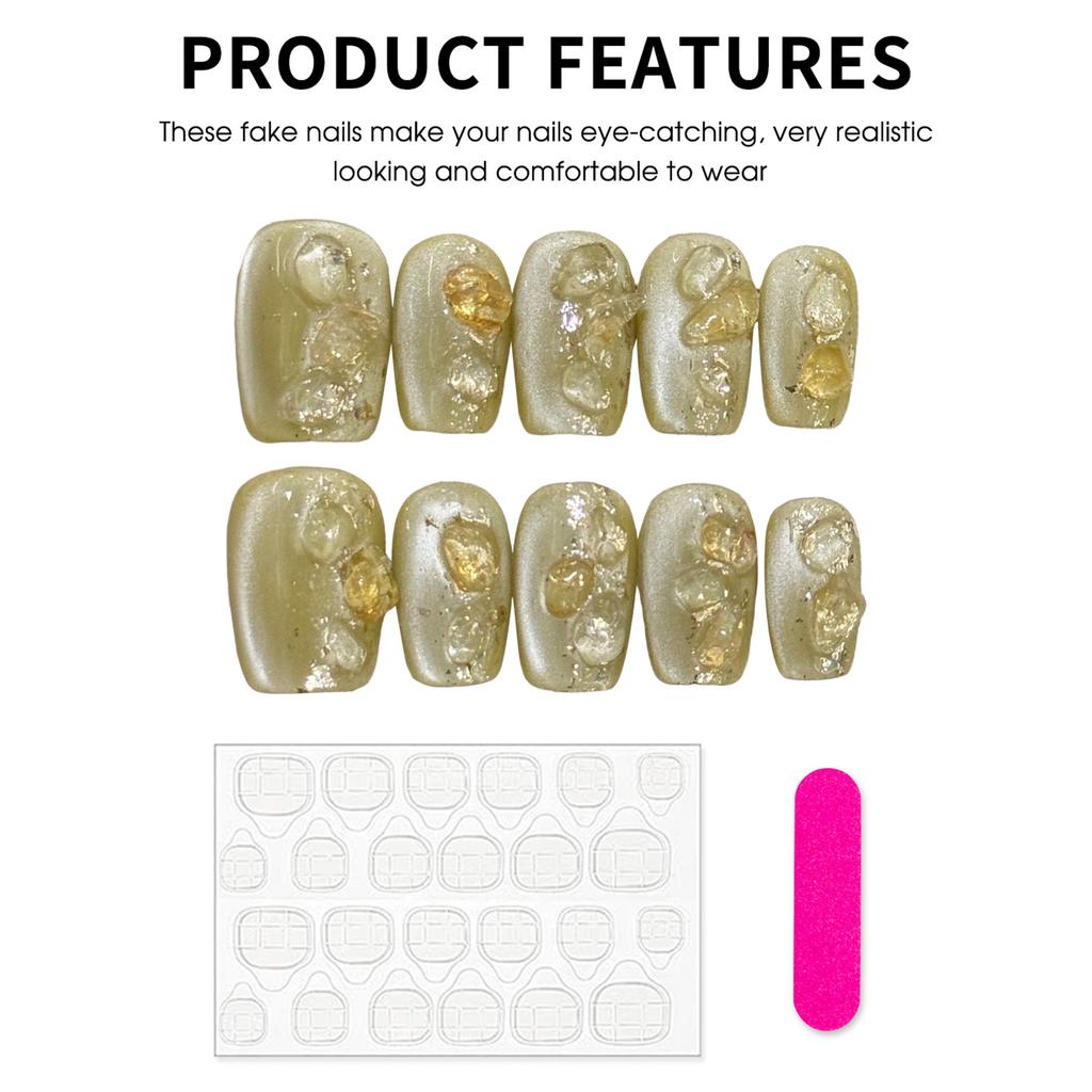 10Pcs Handmade Artificial Nails With Crystal Stone And Yellow Green Ombre Design For Daily Use