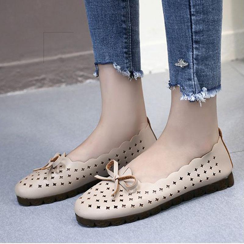 Comfortable Soft Sole Flat Single Shoes Breathable Hollow Bow Design Women's Casual Work Shoes Artificial Soft Leather Shallow Mouth Slip-on