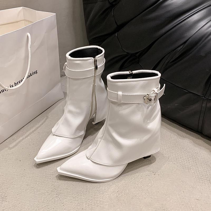 Winter New Thin Heel Cotton Boots Women's Pointed Side Zipper Belt Buckle Anti-slip Wear-resistant Short Boots