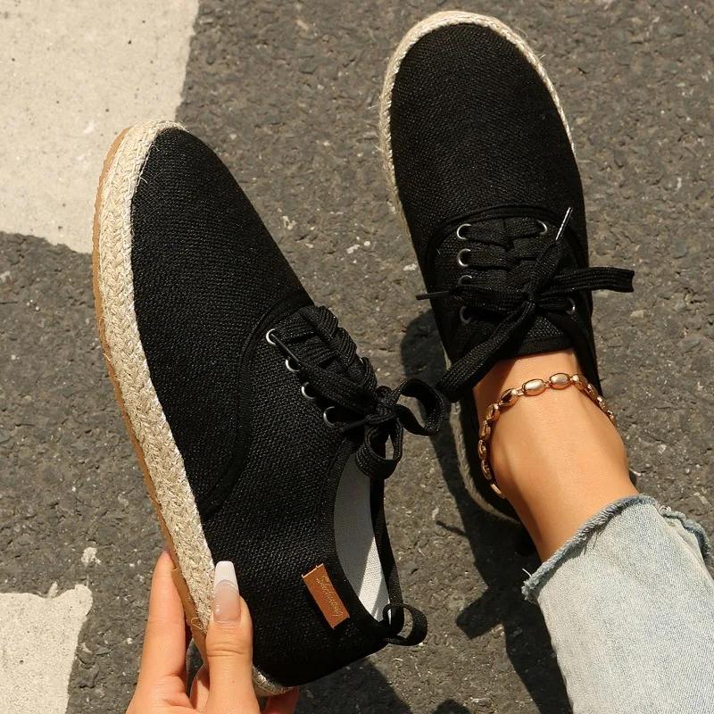 Fashion Breathable Linen Casual Flat Shoes Woman Espadrilles Loafers Ladies Comfy Houndstooth Print Canvas Zapatos Soft Driving Footwear