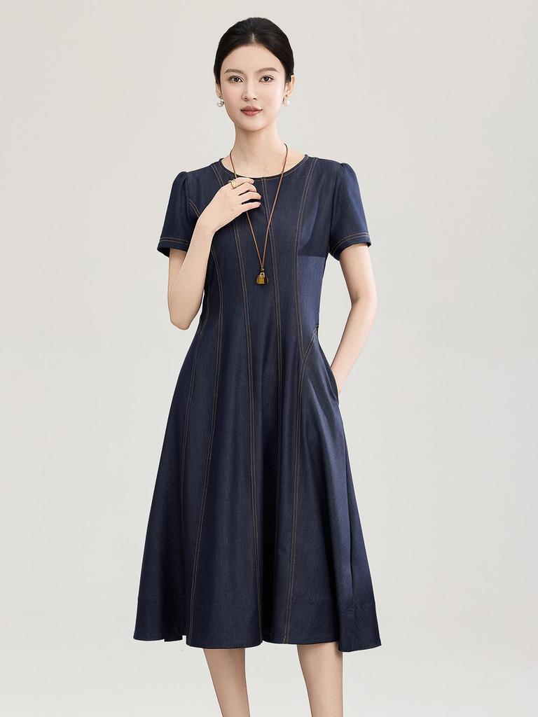 High-Quality Tencel Cotton Retro Waist-Cinched Short-Sleeve Spring/Summer Denim Dress