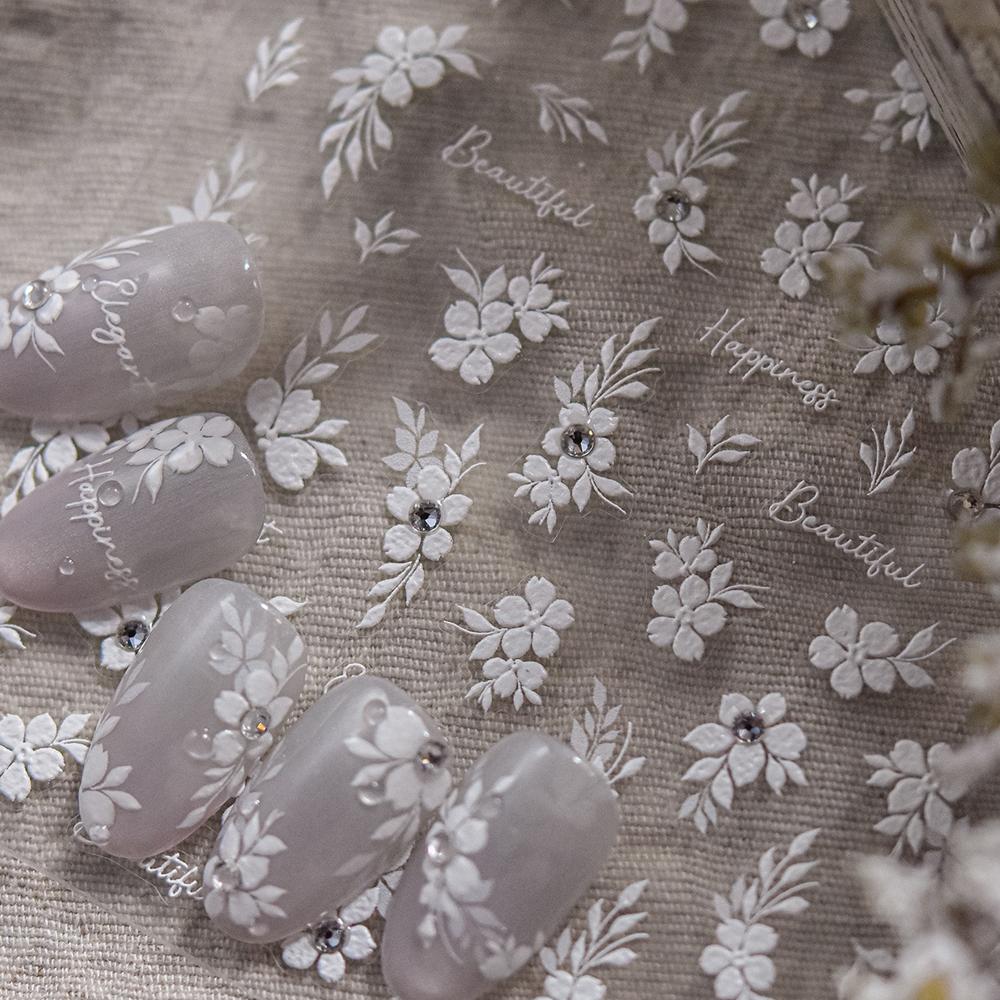 Crystal White Flower Leaves Petal Wet garden Spring Charming Elegant 5D Nail Art Stickers Rhinestone Adhesive Manicure Decals