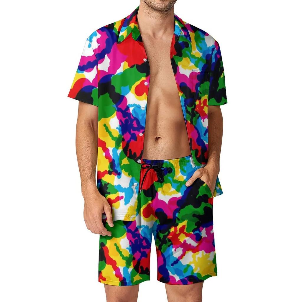 Conjuntos de Camisetas Arcoíris Impresión 3D para Hombre Moda Casual Manga Corta Camisas Pantalones Cortos Oversize Ropa de Calle Hawaiana Trajes Ropa