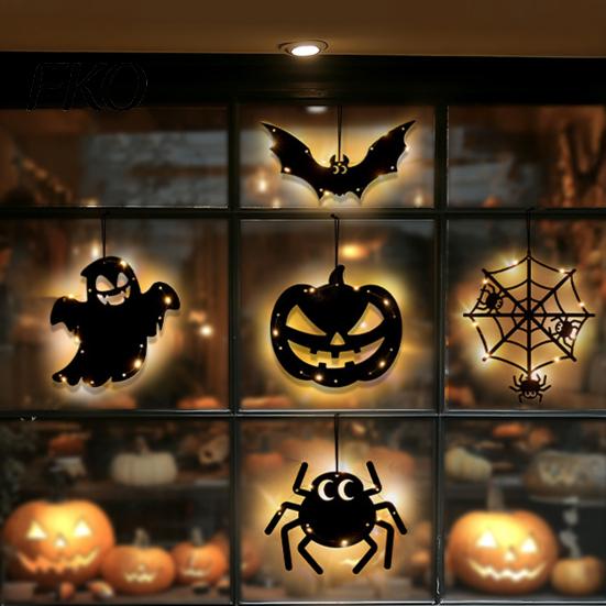 Cool Halloween Designs Pumpkin Hanging Decor, Non-Woven Ghost Ornament with Light String, Spooky Holiday Decorations Door Wall Decor for Party