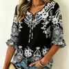 Women's Boho Floral Paisley Print Blouse, Tie Neck 3/4 Flare Sleeve Casual Loose Tunic for Daily Vacation Wear
