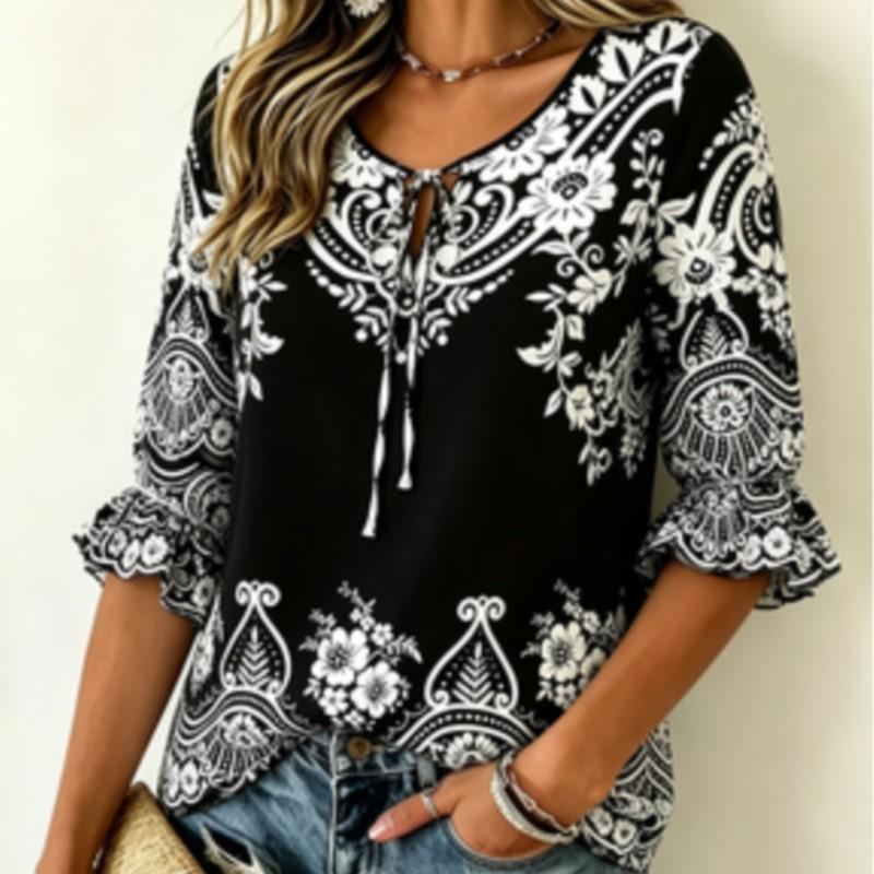 Women's Boho Floral Paisley Print Blouse, Tie Neck 3/4 Flare Sleeve Casual Loose Tunic for Daily Vacation Wear