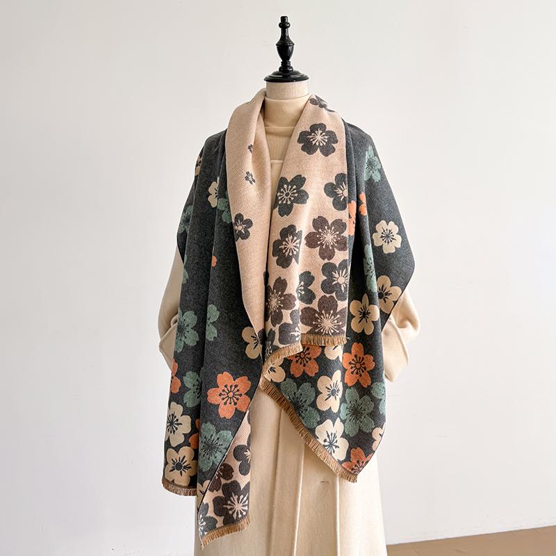 Women's Faux Cashmere Winter Fashion Scarf Vintage Floral Printed With Tassels Soft Warm Shawl Elegant Wrap For Winter Outfits