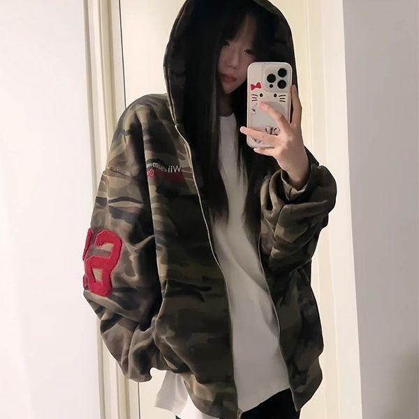 Women's Oversized Retro Camo Zipper Hoodie - Autumn Casual Style