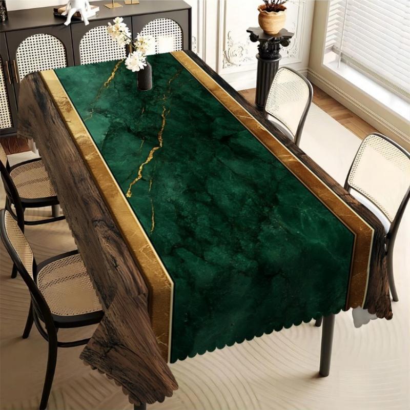 Luxe Groen Marmer & Houtnerf Tafelkleed met Gouden Rand, Golvende Rand, Vlekbestendig, voor Eetkamer & Elegante Woondecoratie 160x220cm