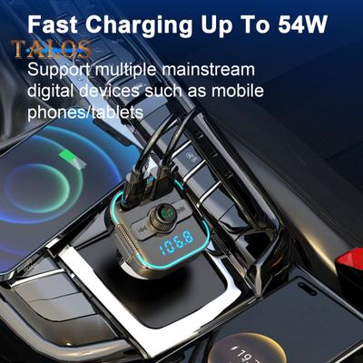 Carregador de Carro de Porta Dupla com Transmissor de Carregamento Rápido de 54W Compatível com Bluetooth, Cancelamento de Ruído CVC, Display de Voltagem, Assistente de Voz, Adaptador de Carro