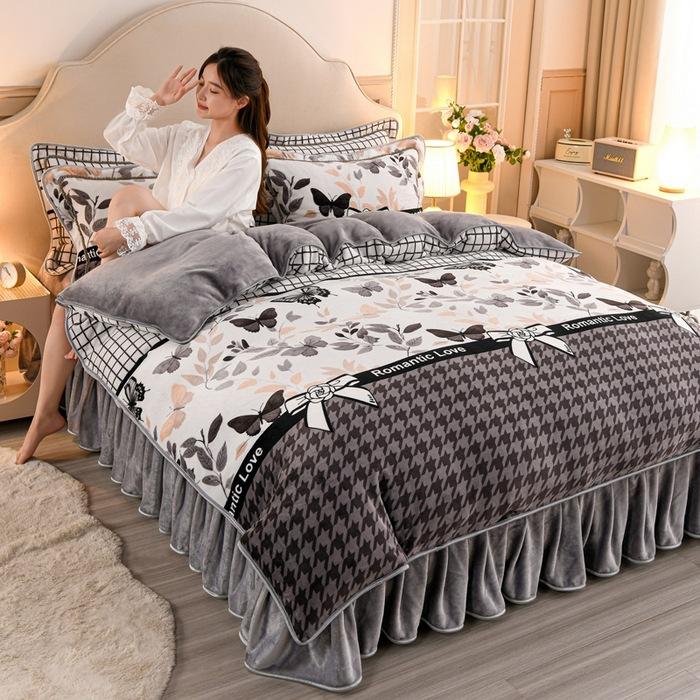 Thickened Milk Fleece Four-Piece Warm Double-Sided Coral Fleece Quilt Cover Flannel Sheet Bed Skirt Bedding