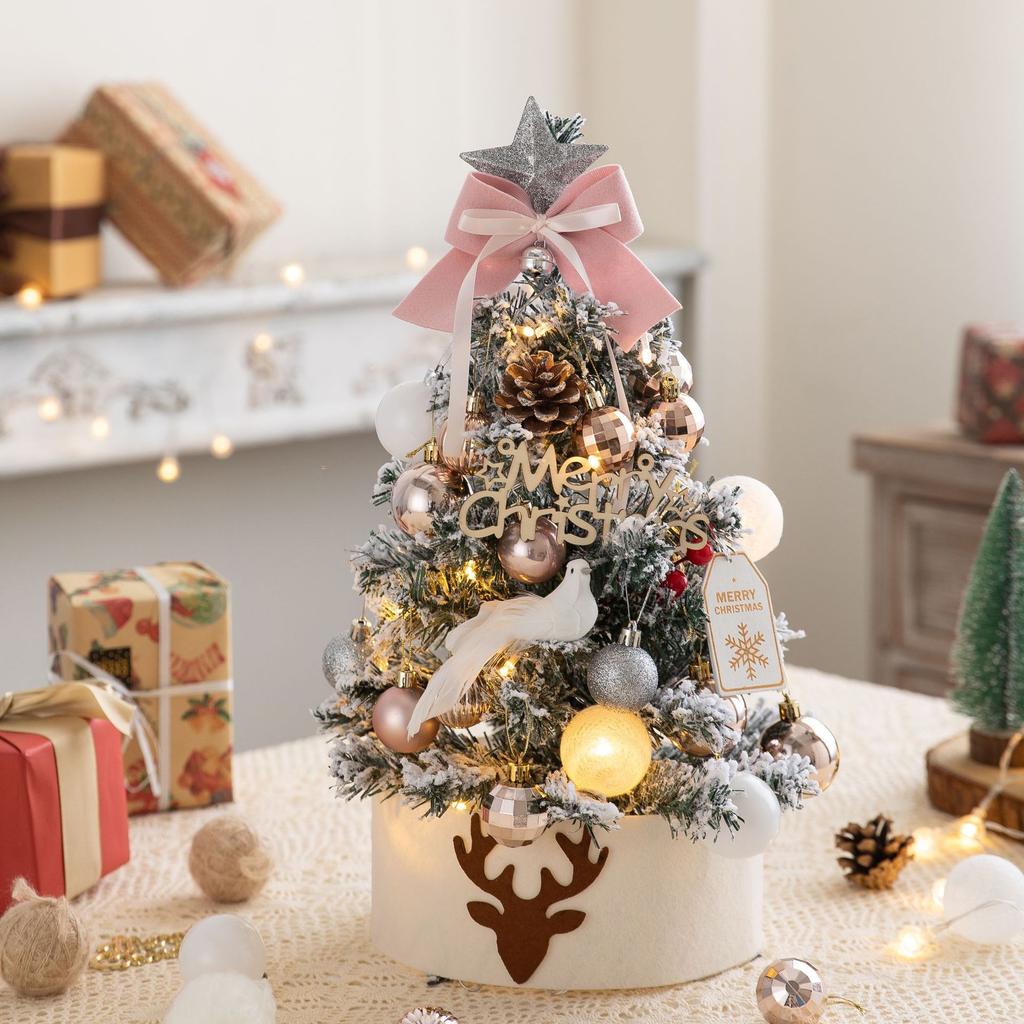 For 45/60cm Mini Christmas Tree With Lights DIY Desktop Golden Red Christmas Decorations 2025 New Year Home Party Windows Orname